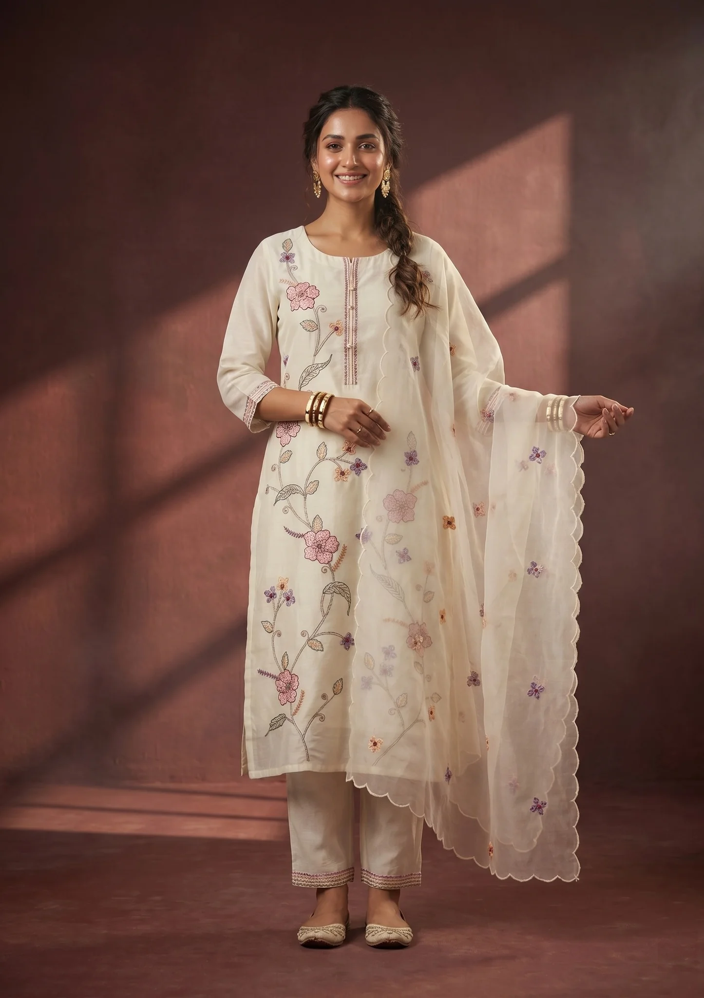 White Threadwork Art Silk Readymade Salwar Suit